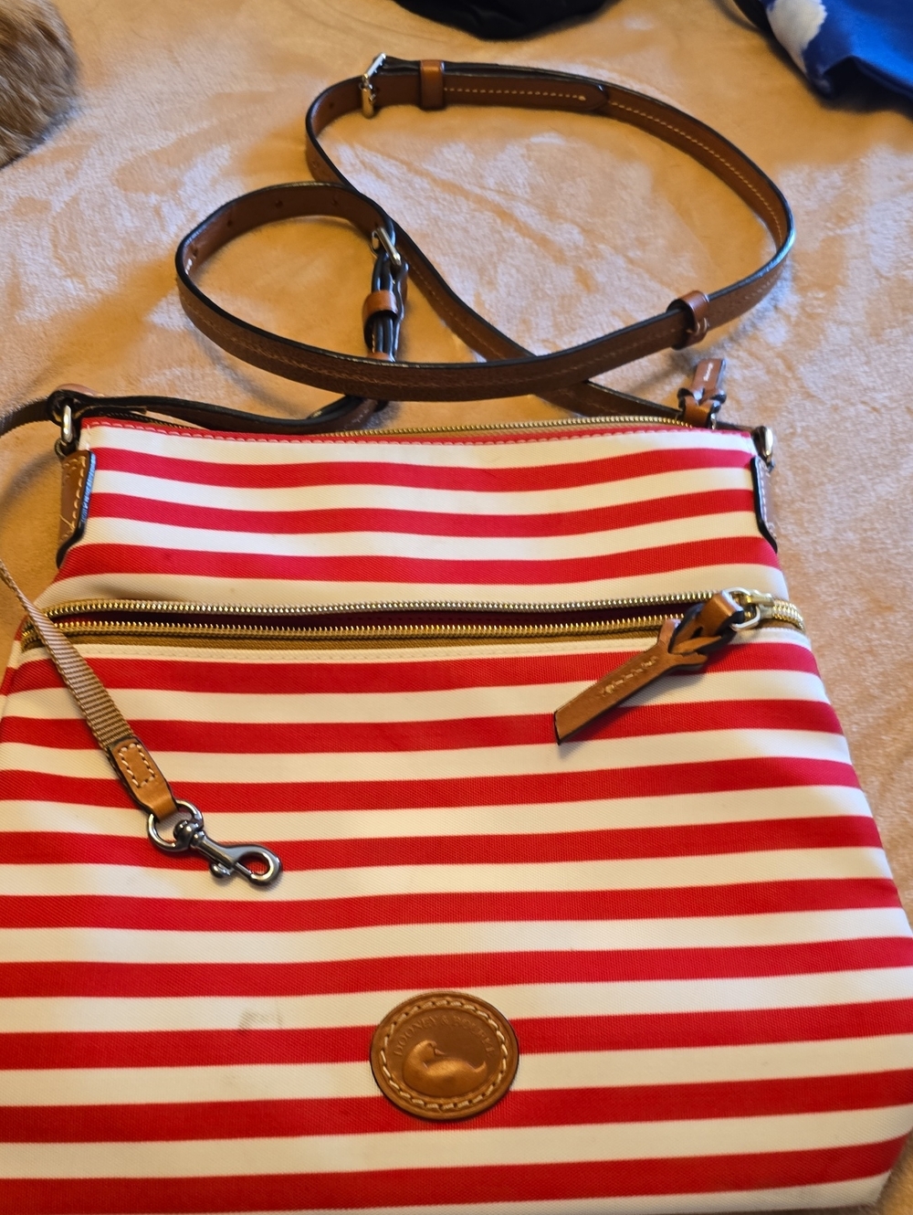 Dooney Bourke Striped Red and White Crossbody Tote with Leather Trim